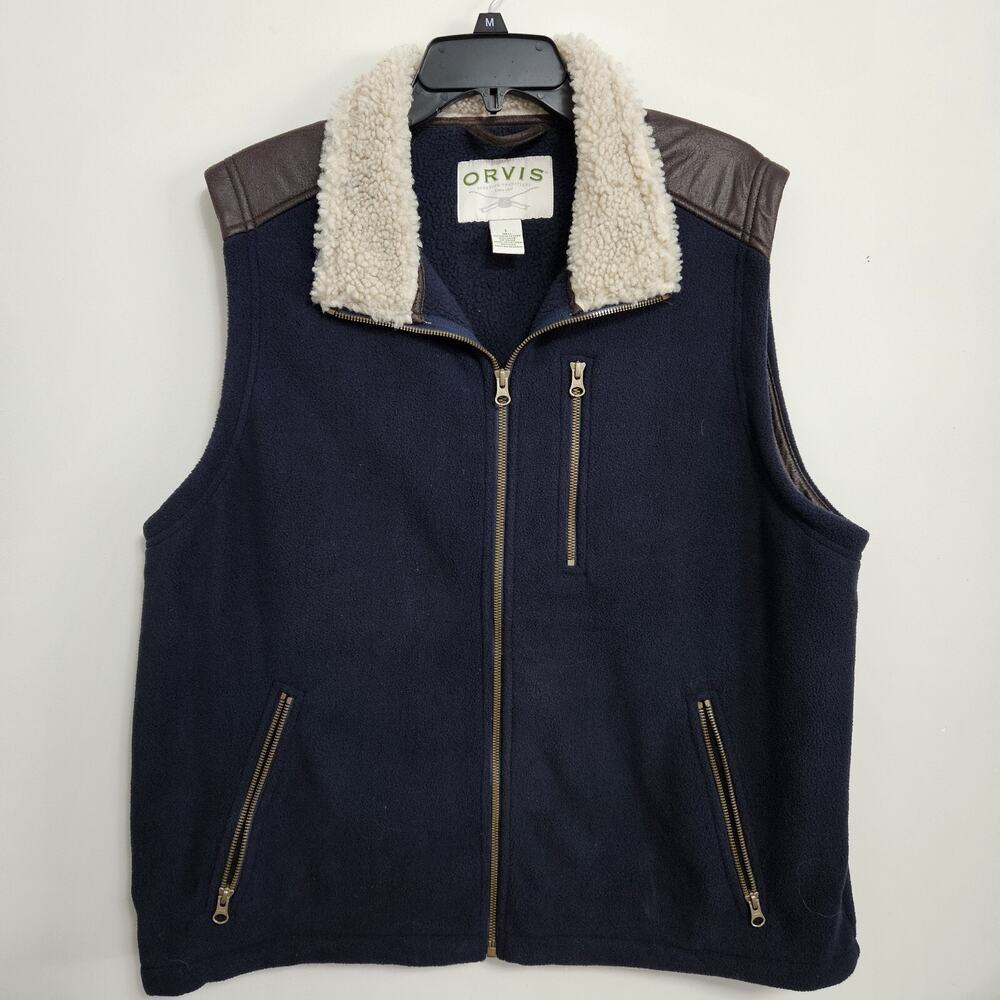 Orvis Fleece Vest Sherpa Lined Mock Neck Faux Leather Trim Navy Blue Men's Lg